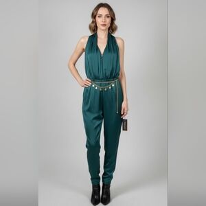 Zara Deep V, Scarf Style Neck,Open Back Satiny Shiny Green Flowy Jumper Small